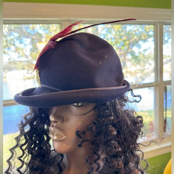 Vtg Ricki Original Black Fur Felt Merrimac Hat Colorful Feathers Half Bowler - Picture 4 of 10